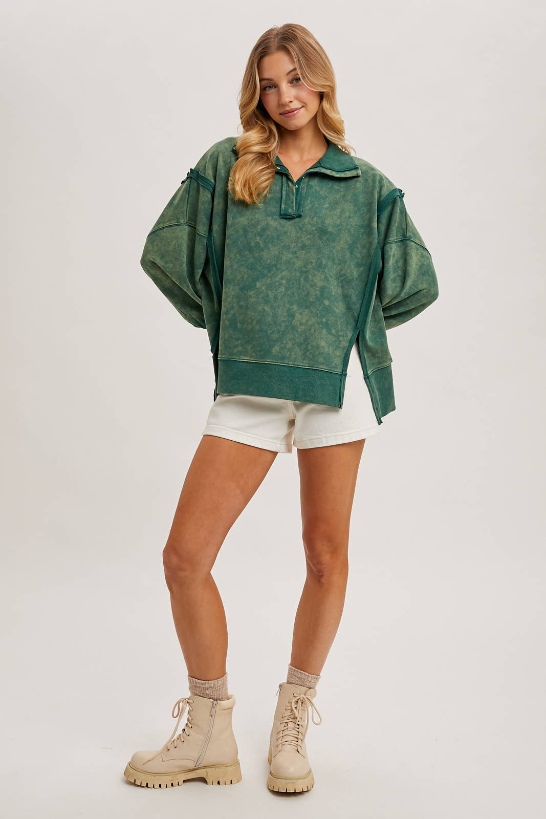 Washed Side Slit Henley Pullover