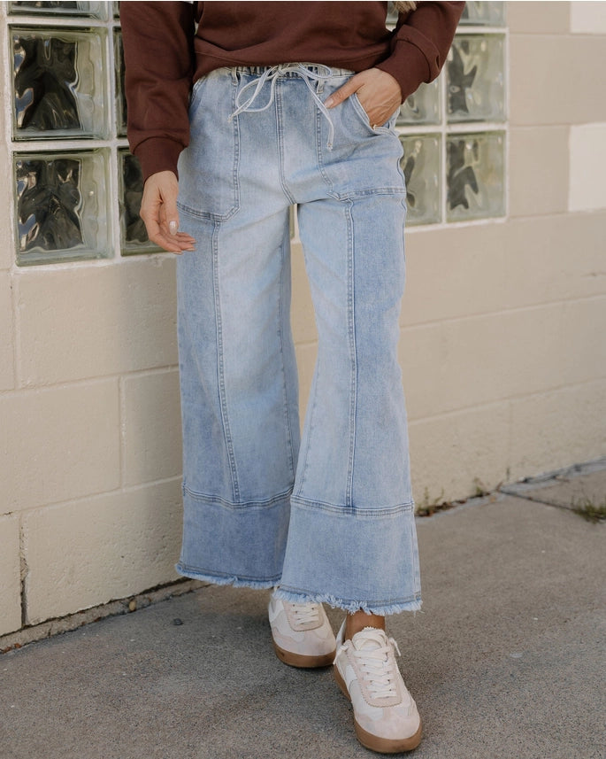 Beau Blue Drawstring Seam Detail Raw Hem Wide Leg Jeans
