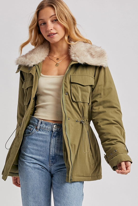 Detachable Faux Fur Olive Parka Jacket