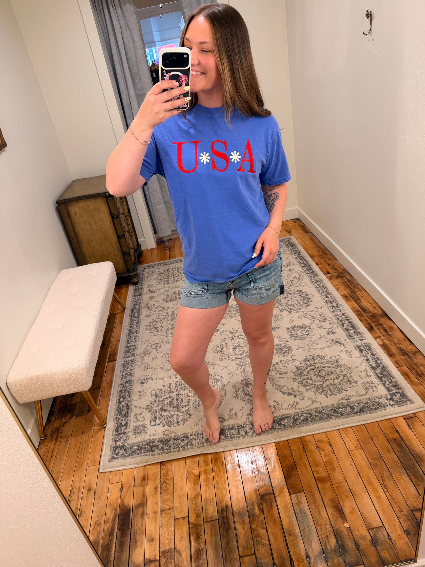 USA Floral Embroidered Tee