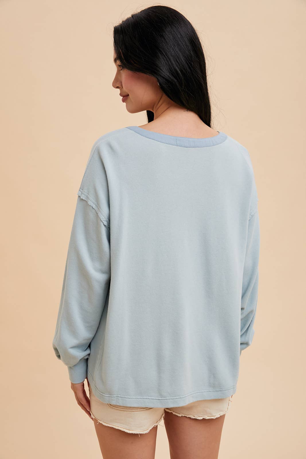 Embroidered French Terry Henley Dusty Blue