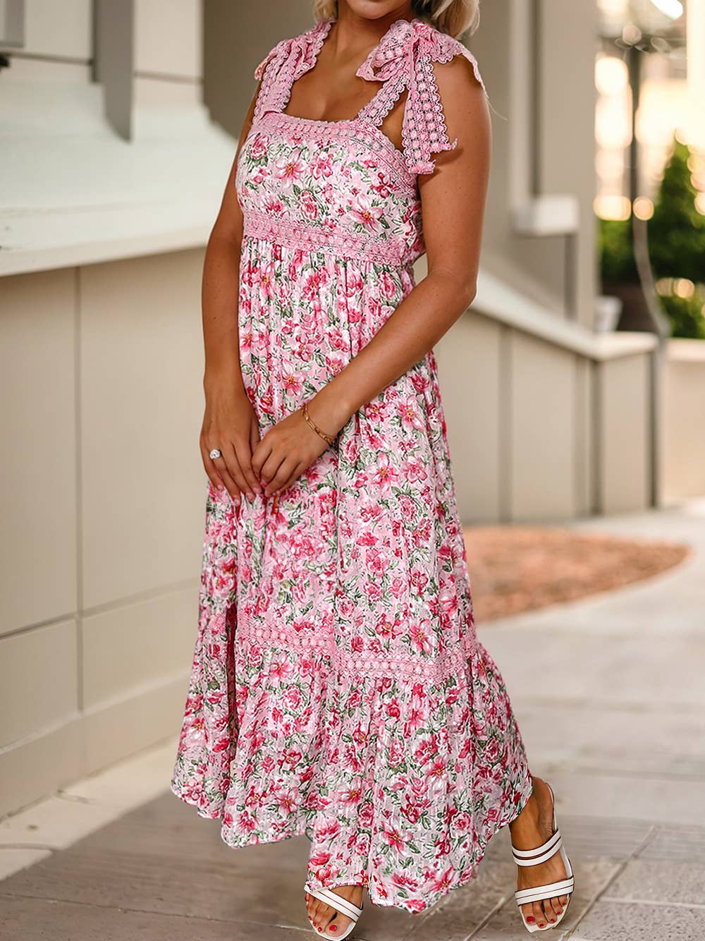 Floral Lace Tied Strap Maxi Dress