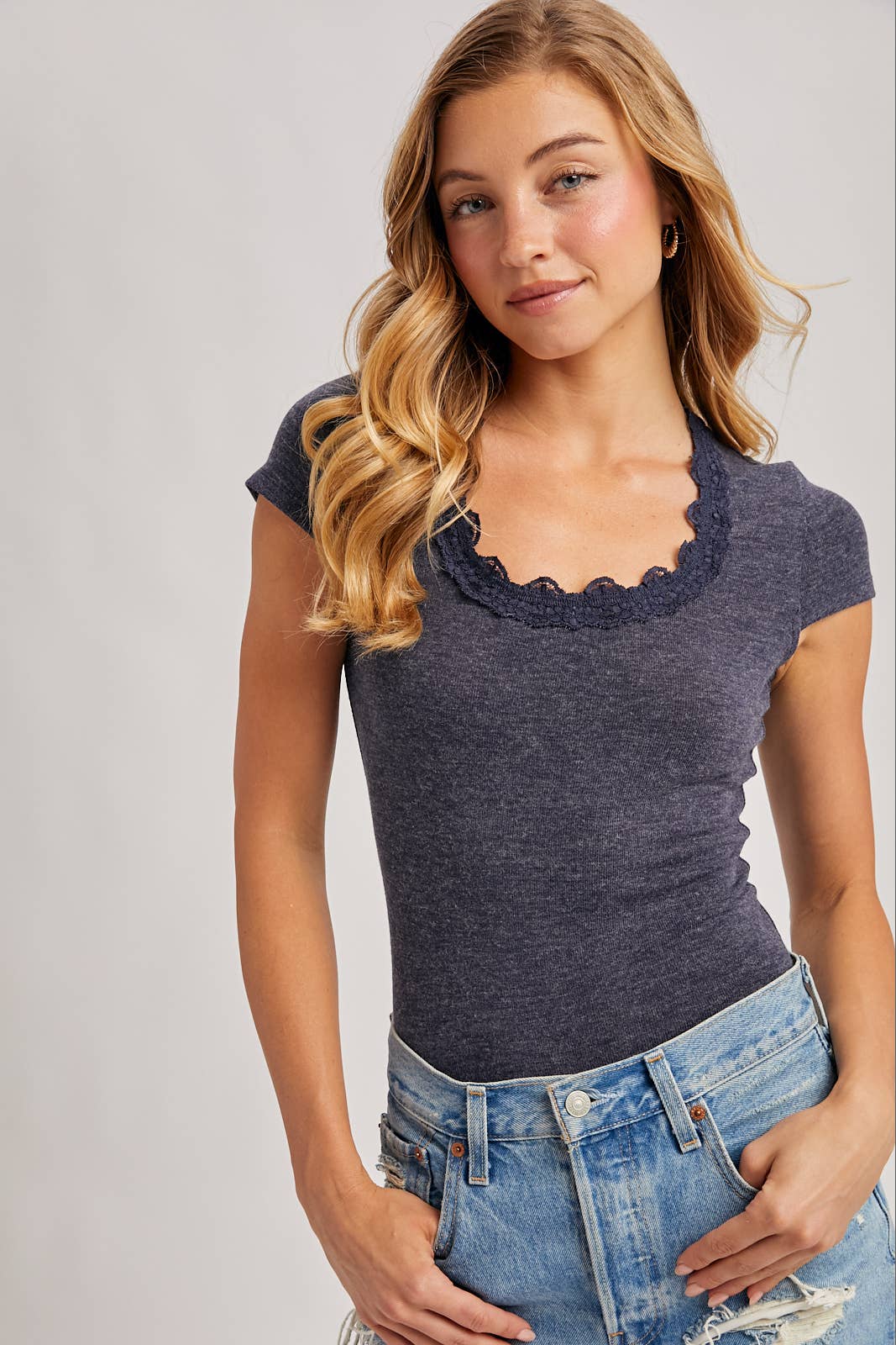 Lace Trimmed Lettuce Edge Knit Top