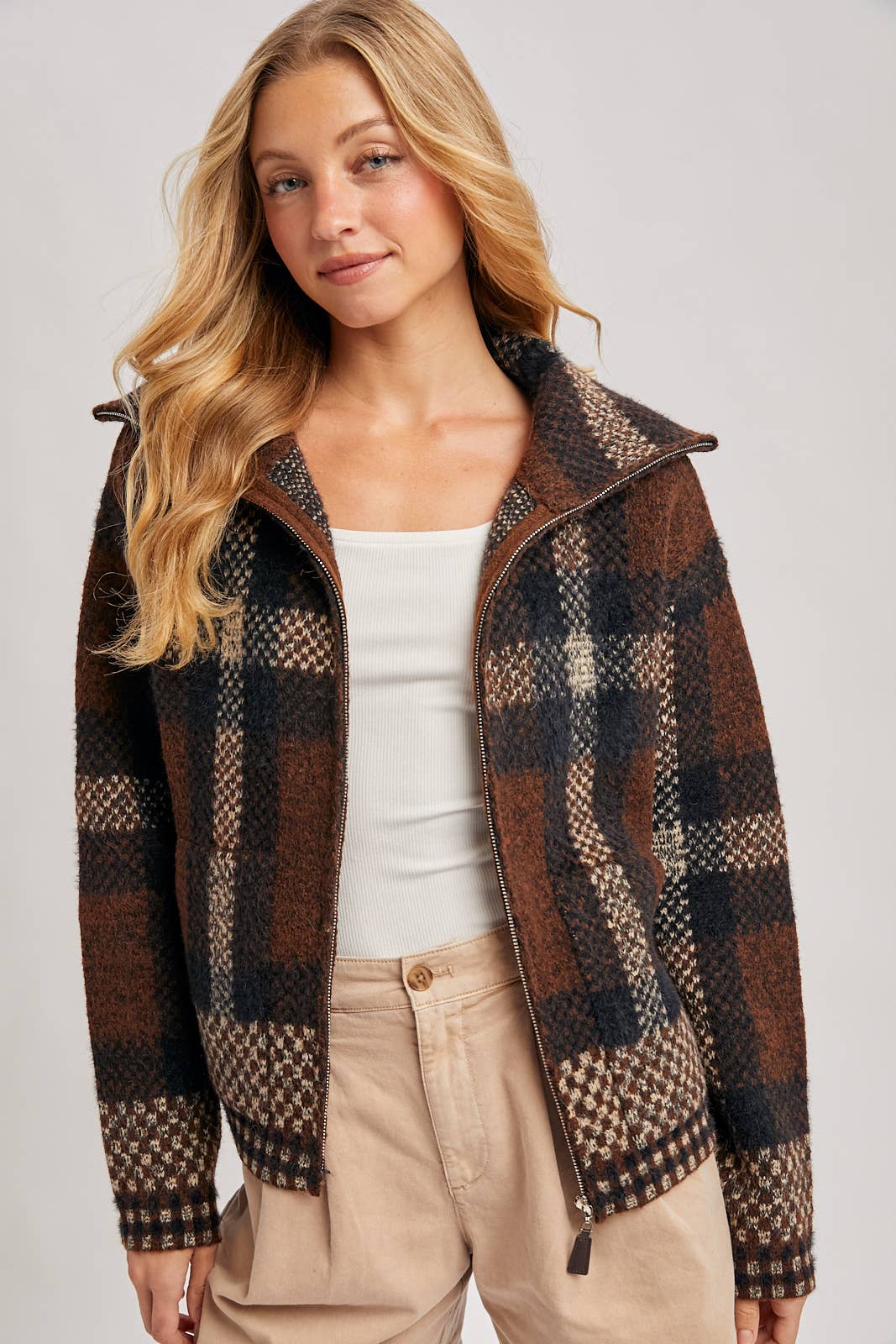 Plaid Zipper Front Knit Sweater Jacket