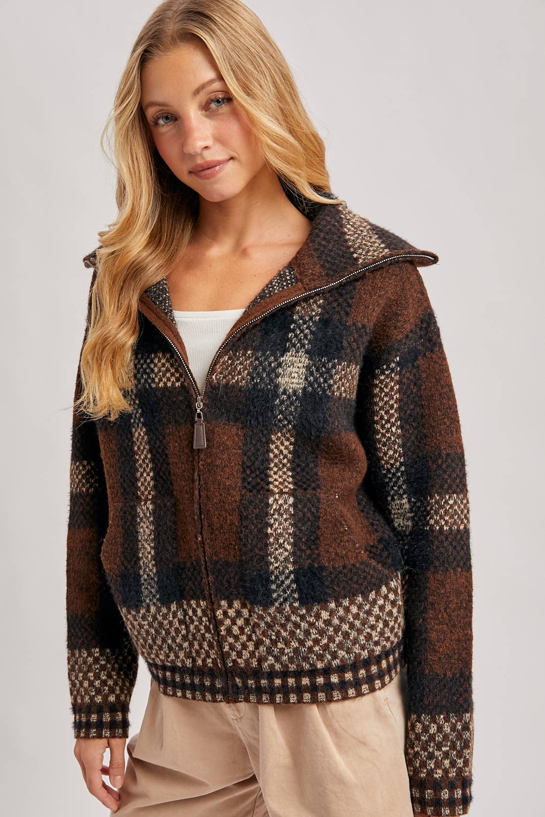 Plaid Zipper Front Knit Sweater Jacket