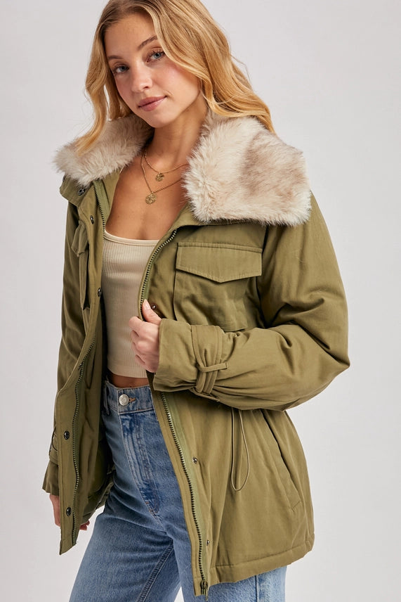 Detachable Faux Fur Olive Parka Jacket