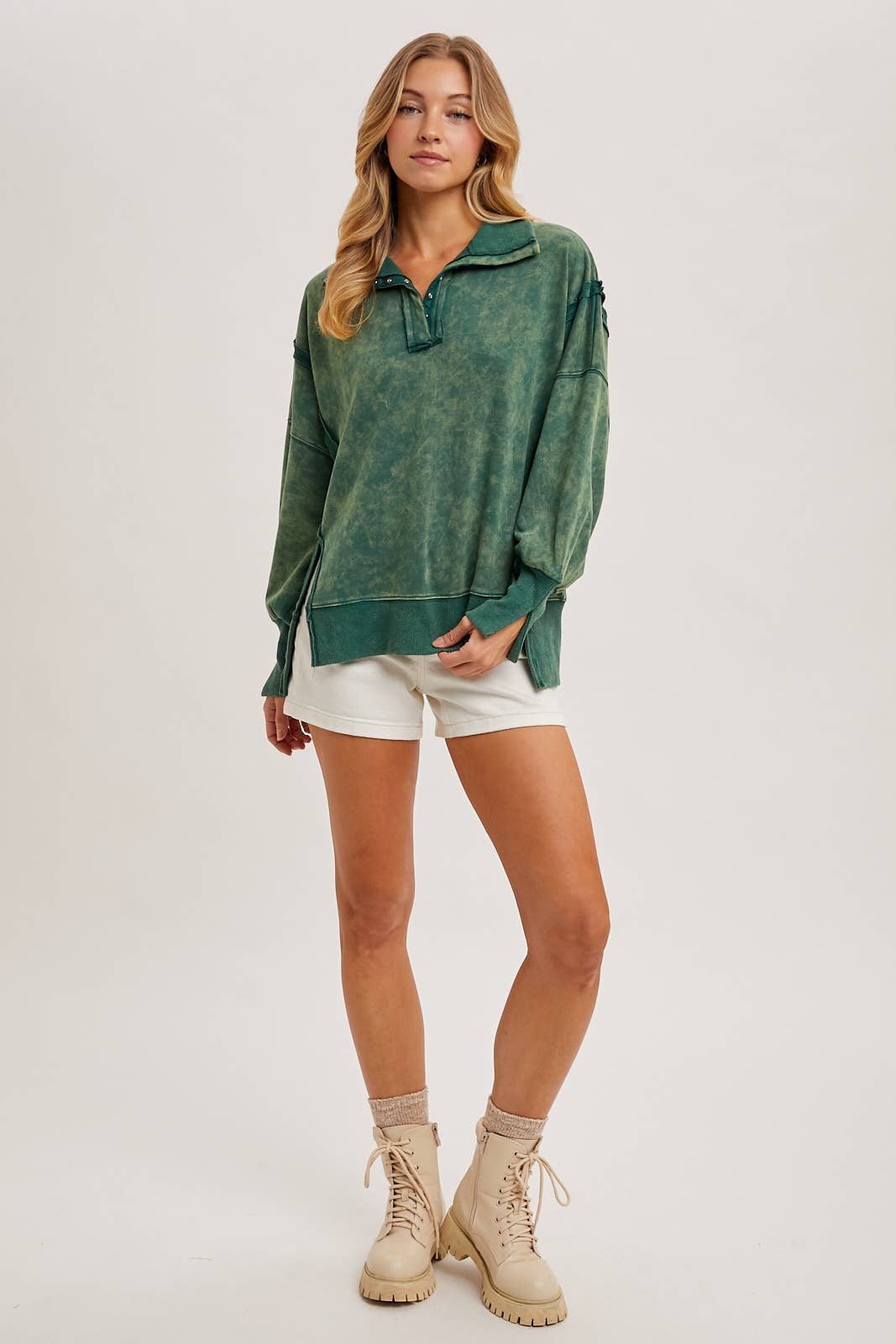 Washed Side Slit Henley Pullover