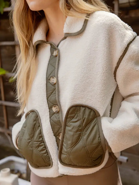 Faux Shearling Button Down Collared Jacket (Olive)