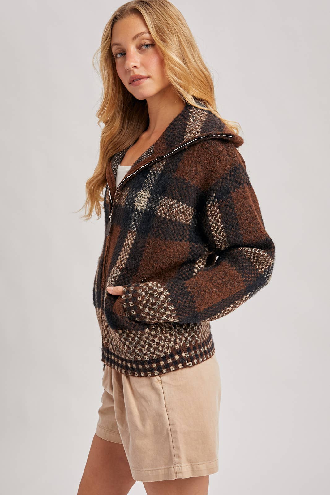 Plaid Zipper Front Knit Sweater Jacket