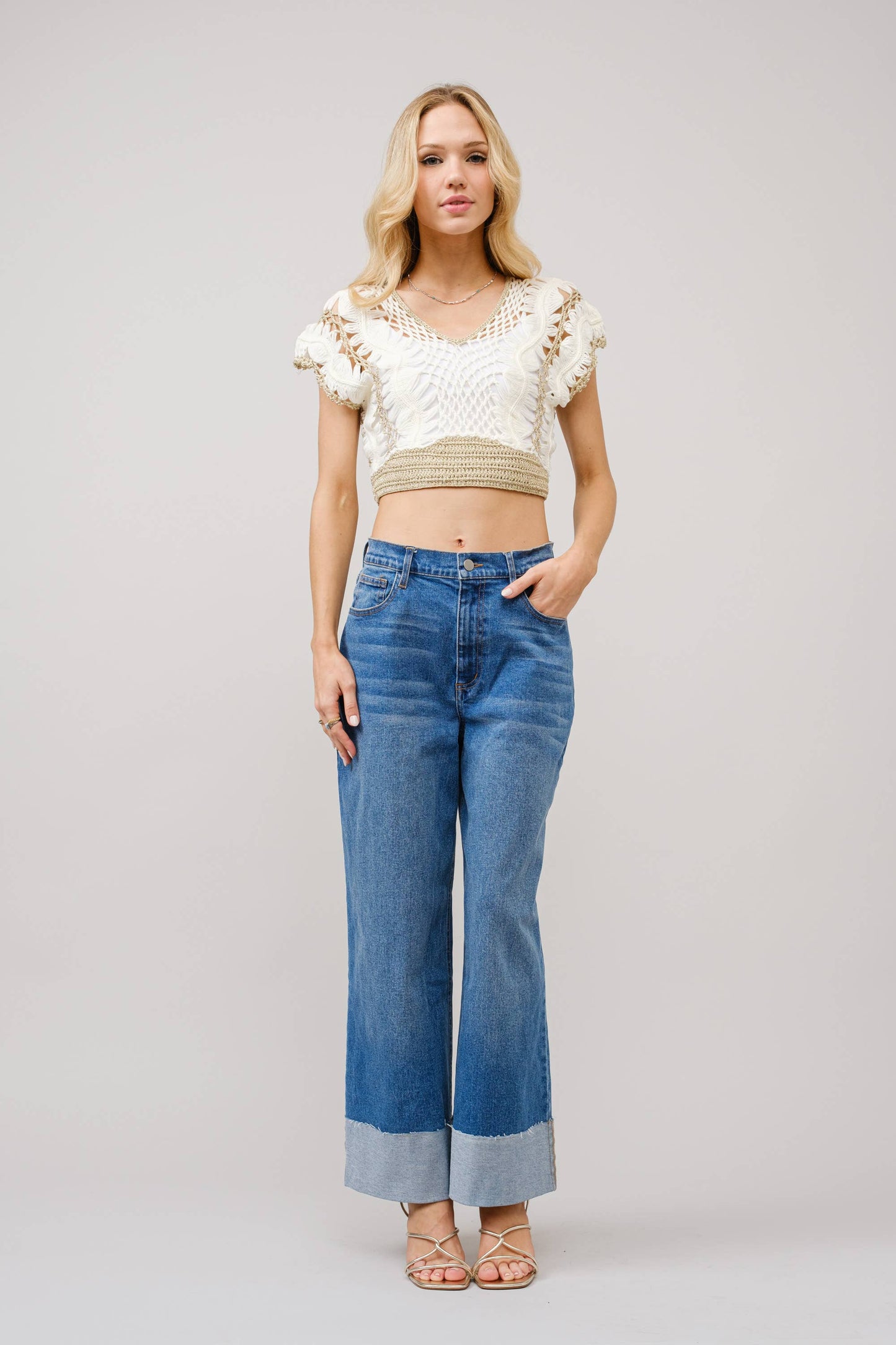 Wide Cuff Mid Rise Stretch Jeans