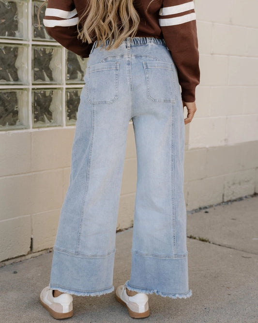 Beau Blue Drawstring Seam Detail Raw Hem Wide Leg Jeans