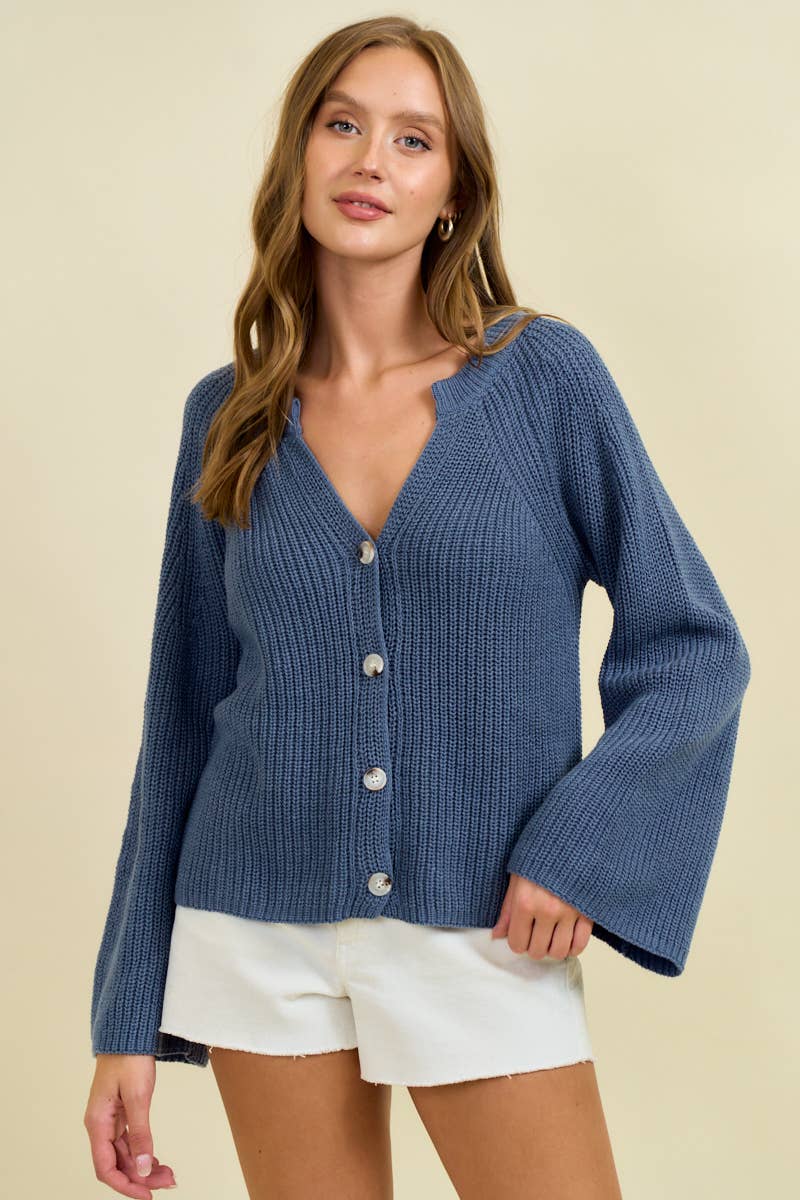 Blouson Sleeve Ribbed Cardigan Blue