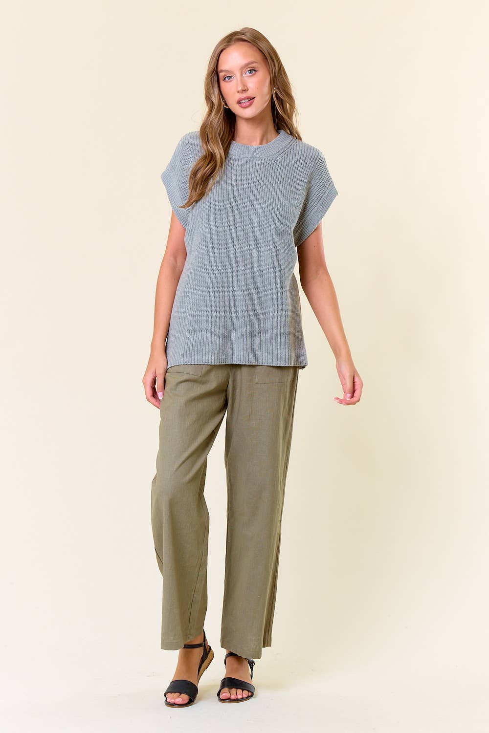 Round Neck Drop Shoulder Ribbed Sweater Vest