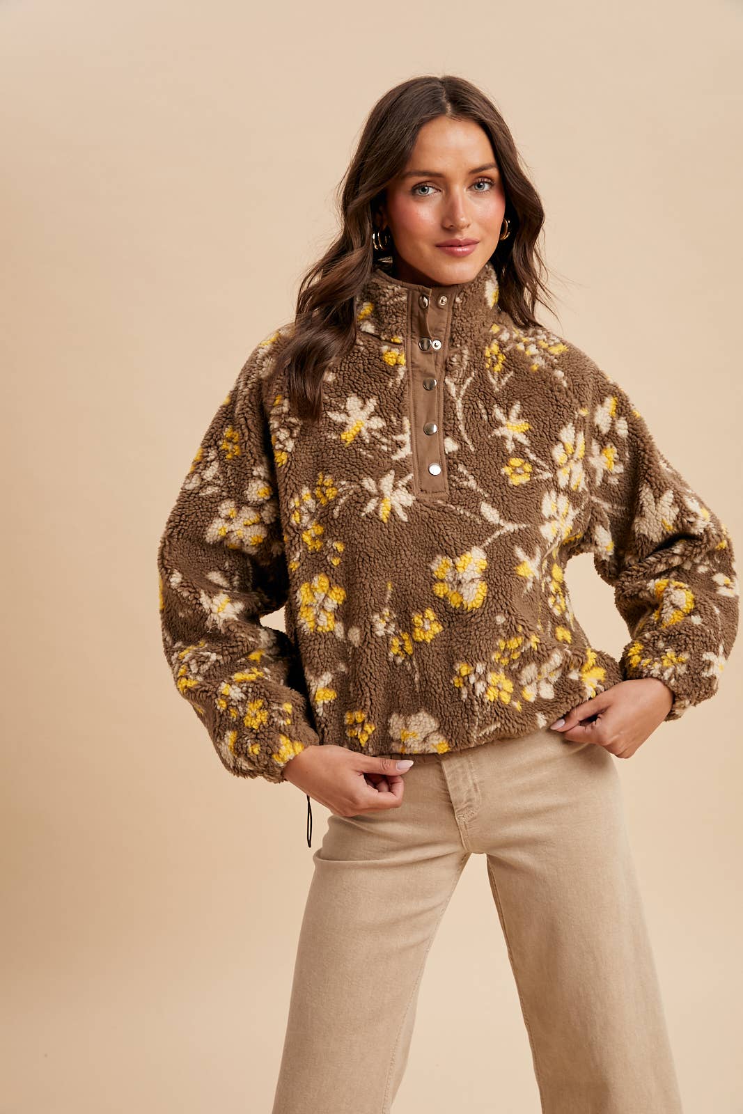 Floral Sherpa Snap Button Pullover