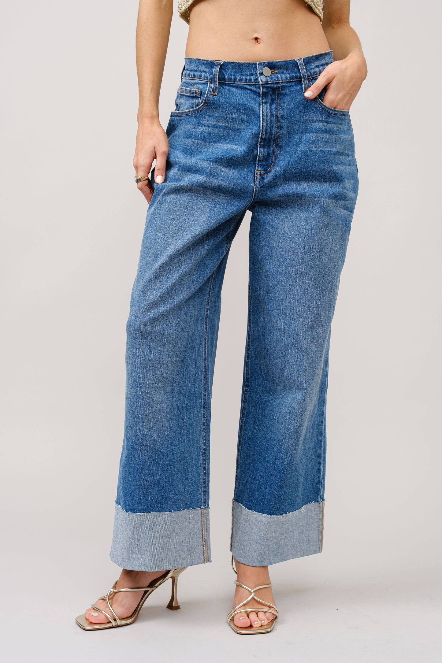 Wide Cuff Mid Rise Stretch Jeans