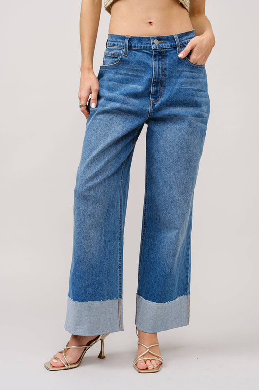 Wide Cuff Mid Rise Stretch Jeans