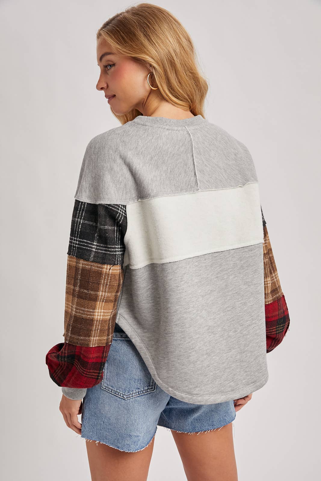 Color Block Plaid Patch Pullover