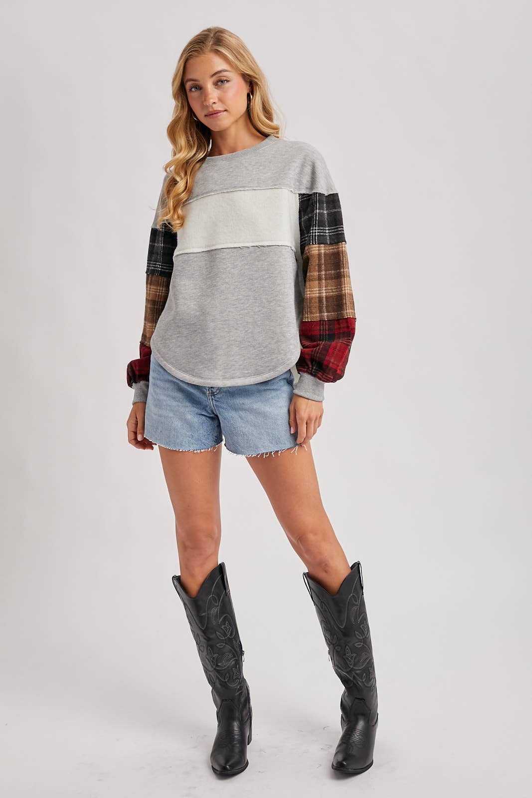 Color Block Plaid Patch Pullover