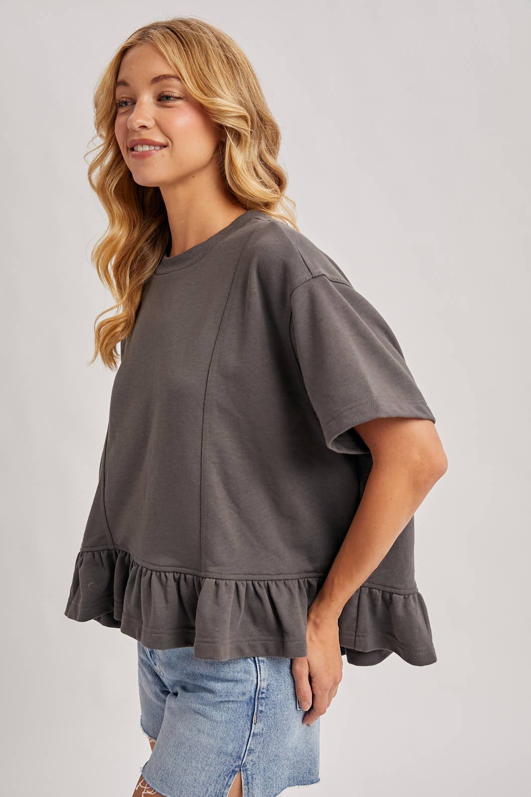 Ruffled Peplum Boxy Knit Tee