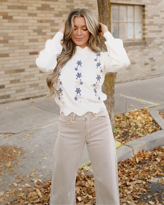 Polly Floral Embroidered Scallop Hem Cropped Sweater