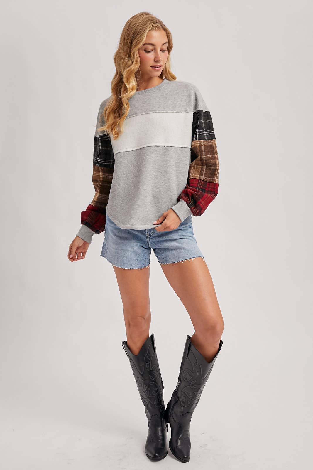 Color Block Plaid Patch Pullover