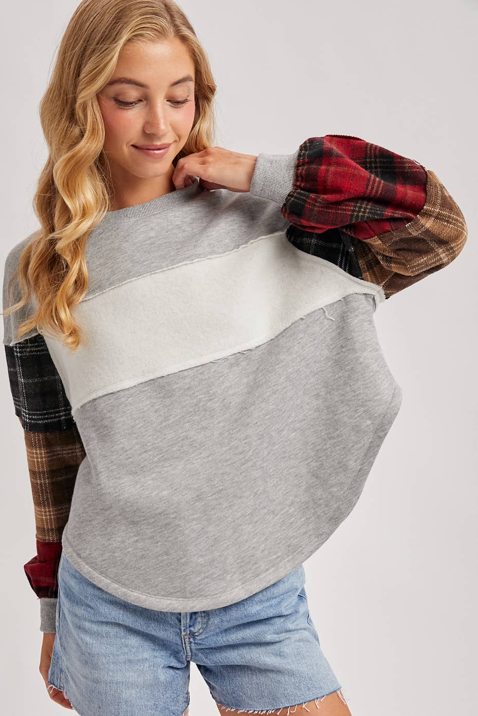 Color Block Plaid Patch Pullover