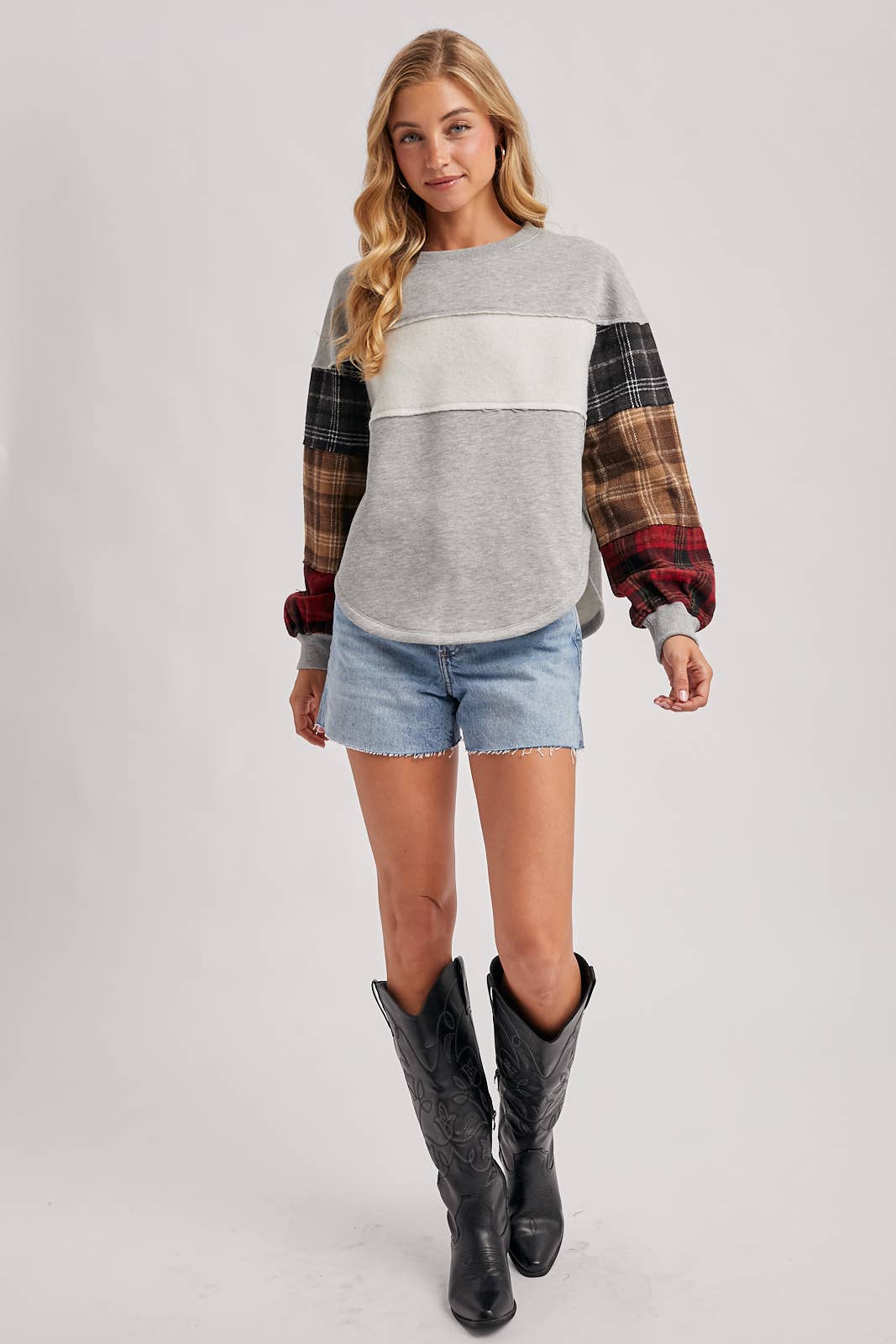 Color Block Plaid Patch Pullover