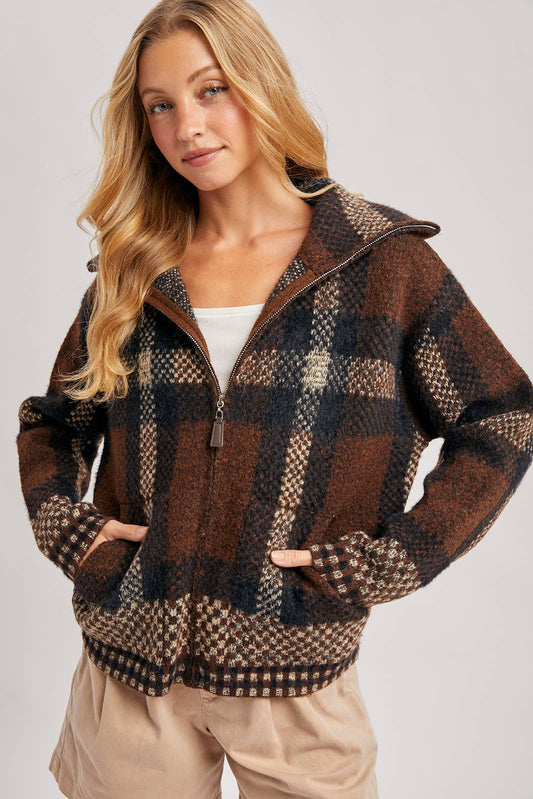 Plaid Zipper Front Knit Sweater Jacket