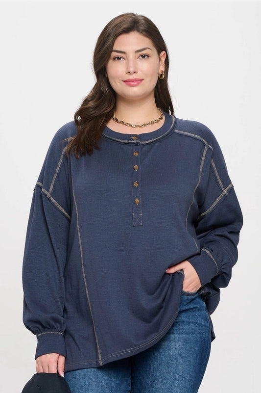 Contrast Stitch Long Sleeve Henley Top (Plus)