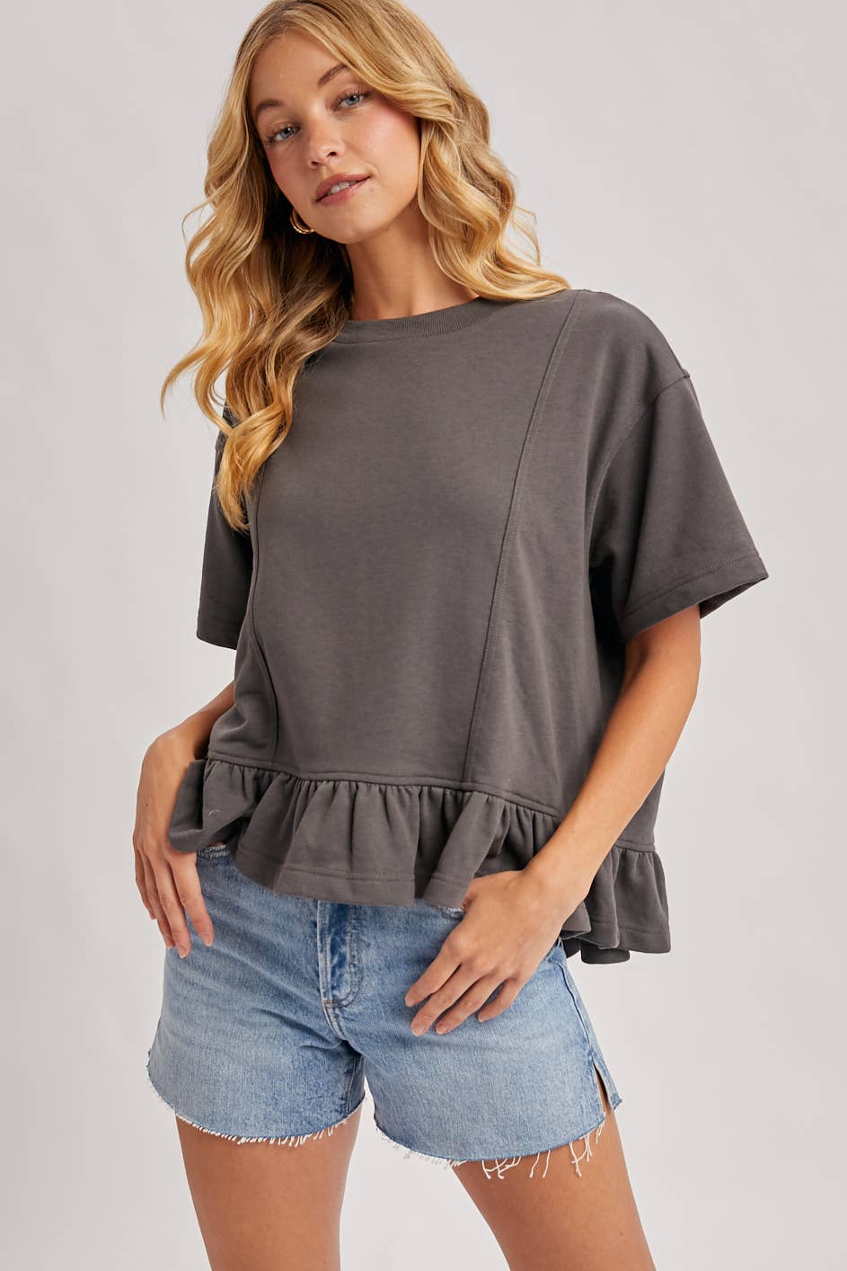 Ruffled Peplum Boxy Knit Tee