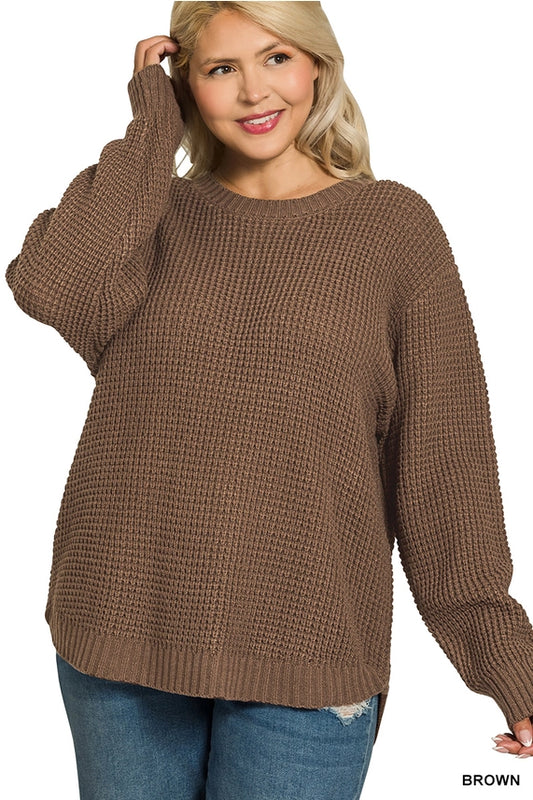 Hi-Low Waffle Knit Sweater-Plus