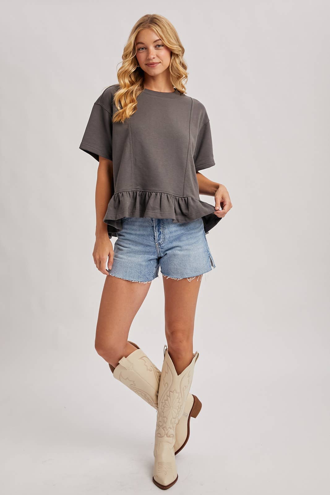 Ruffled Peplum Boxy Knit Tee