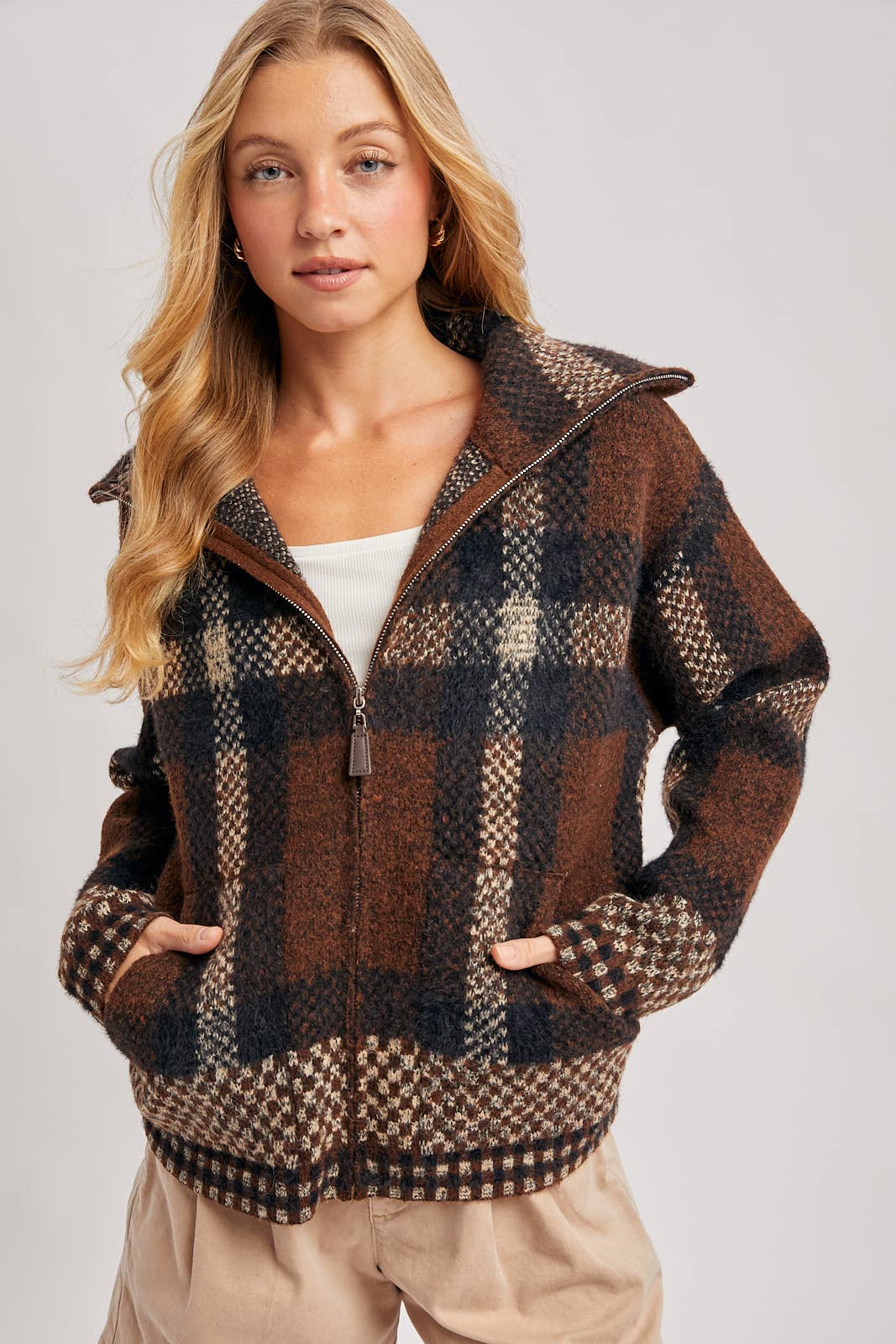 Plaid Zipper Front Knit Sweater Jacket