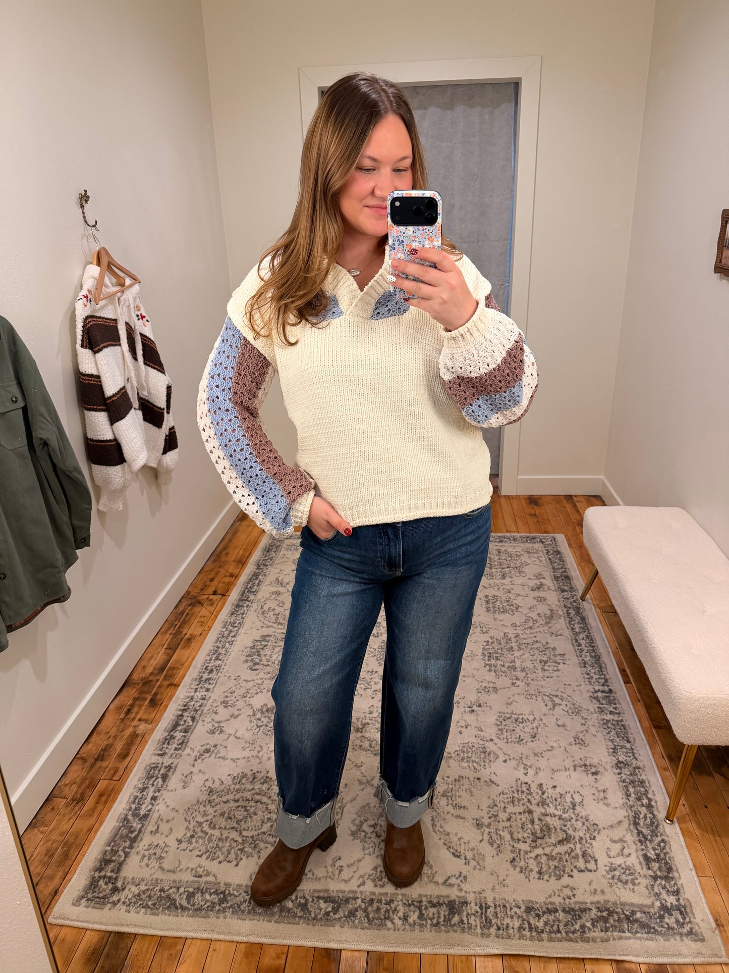 Hooded Stripe Crochet Pullover