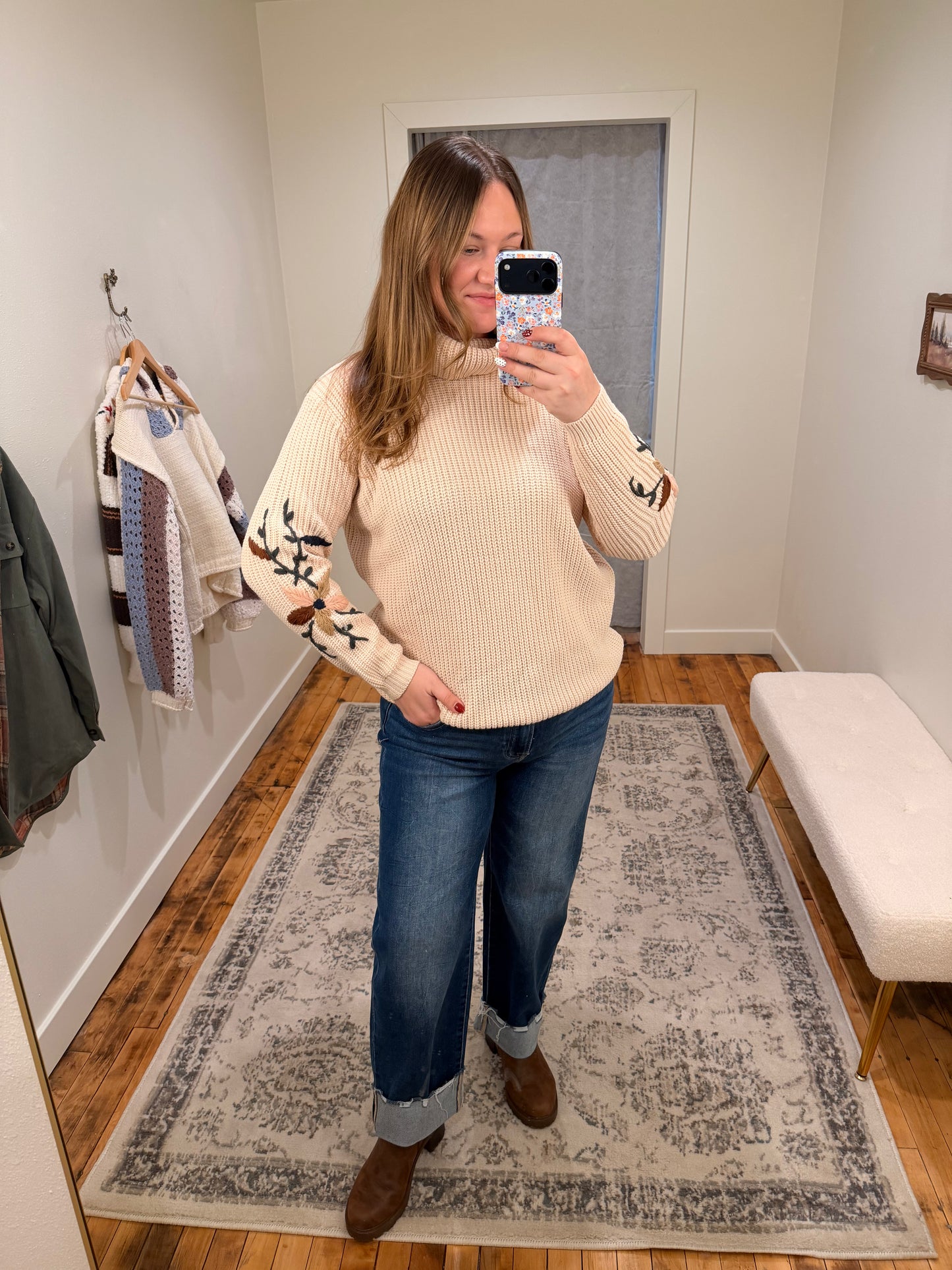 Mock Neck Embroidered Sweater