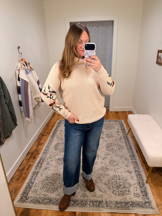 Mock Neck Embroidered Sweater