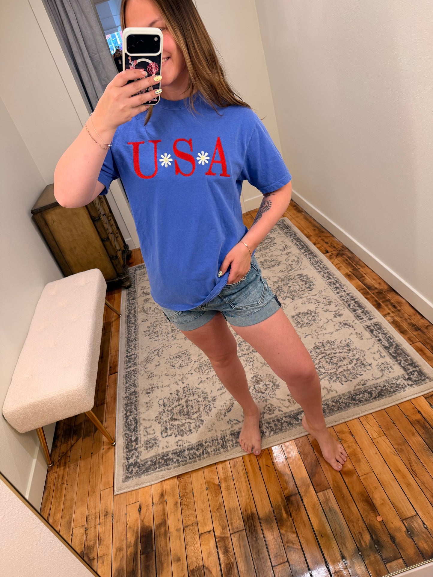 USA Floral Embroidered Tee