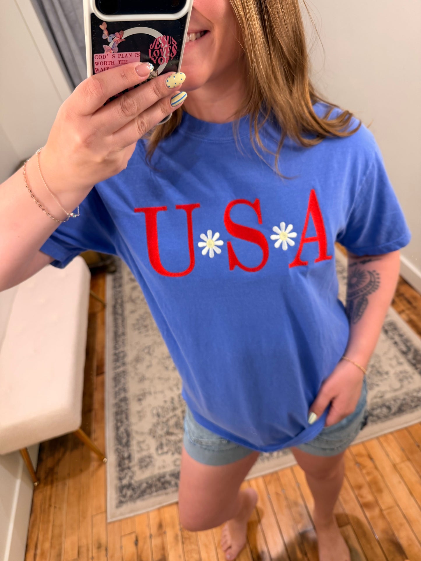 USA Floral Embroidered Tee