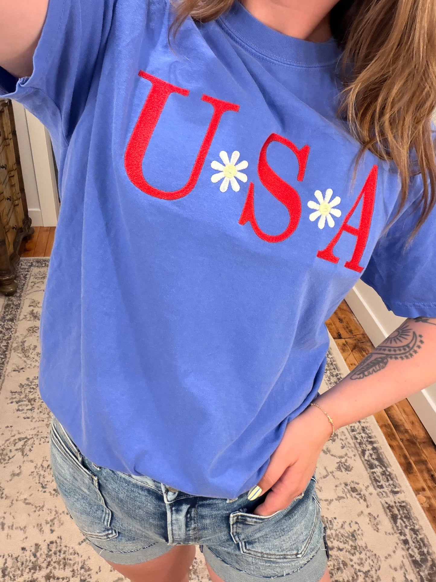 USA Floral Embroidered Tee