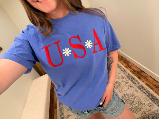 USA Floral Embroidered Tee