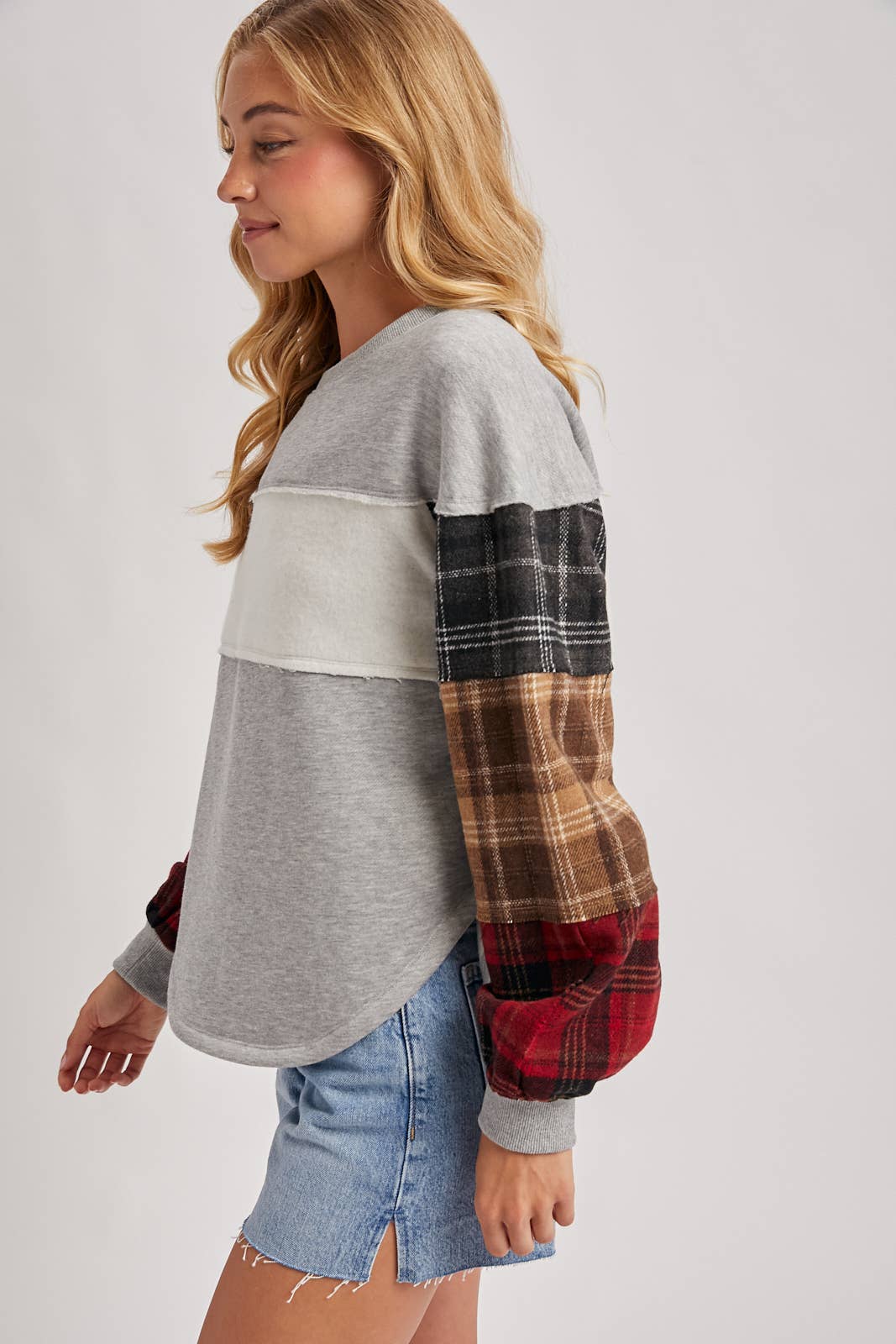 Color Block Plaid Patch Pullover