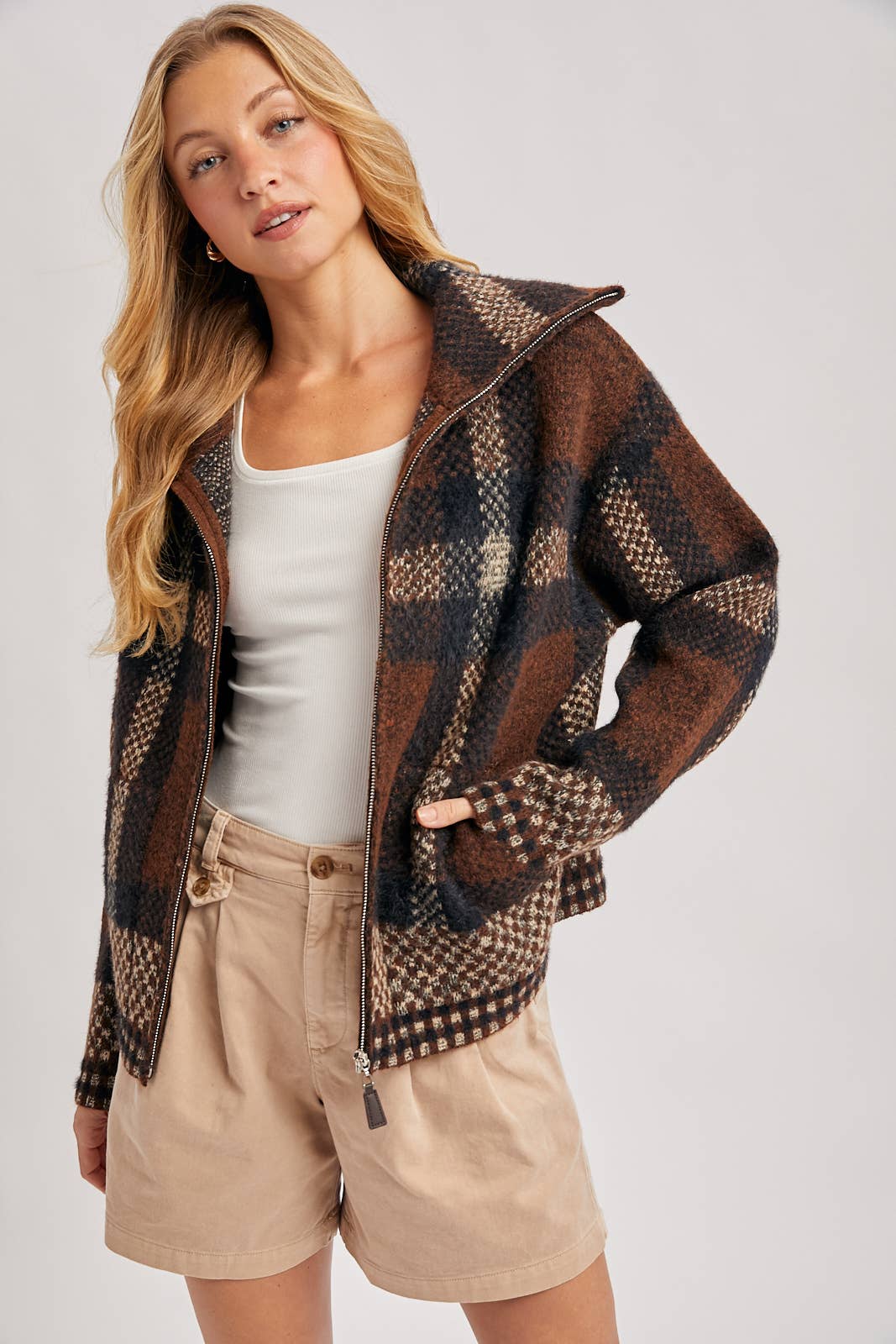 Plaid Zipper Front Knit Sweater Jacket