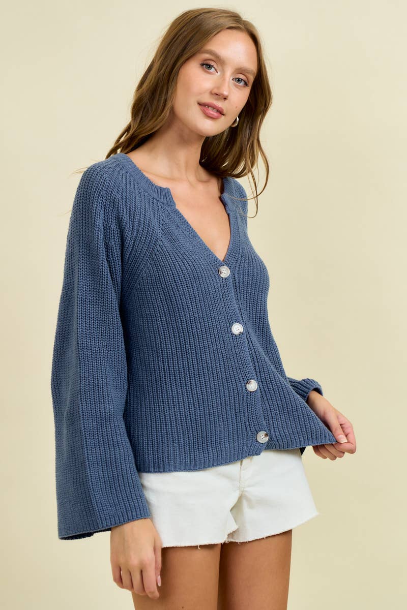 Blouson Sleeve Ribbed Cardigan Blue