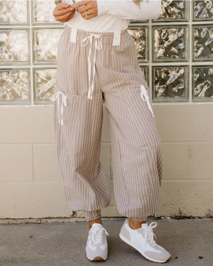 Paisley Striped Pocket Knot Detail Lantern Pants