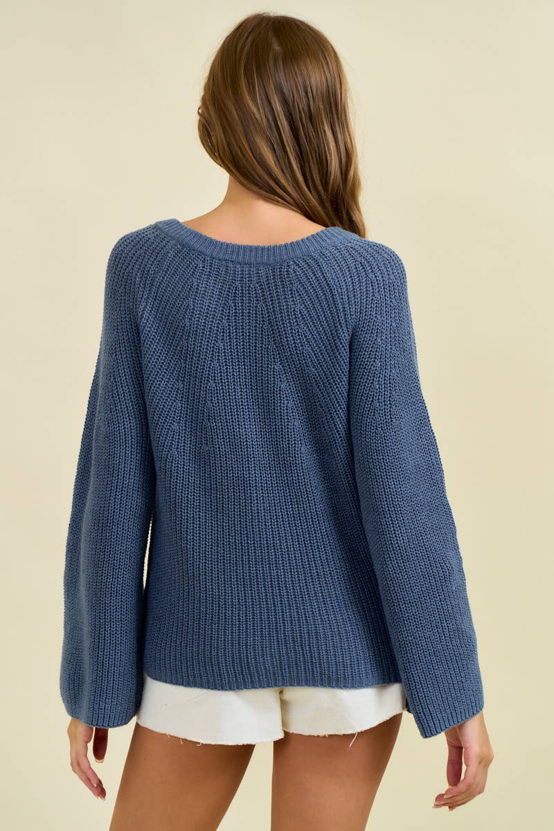 Blouson Sleeve Ribbed Cardigan Blue