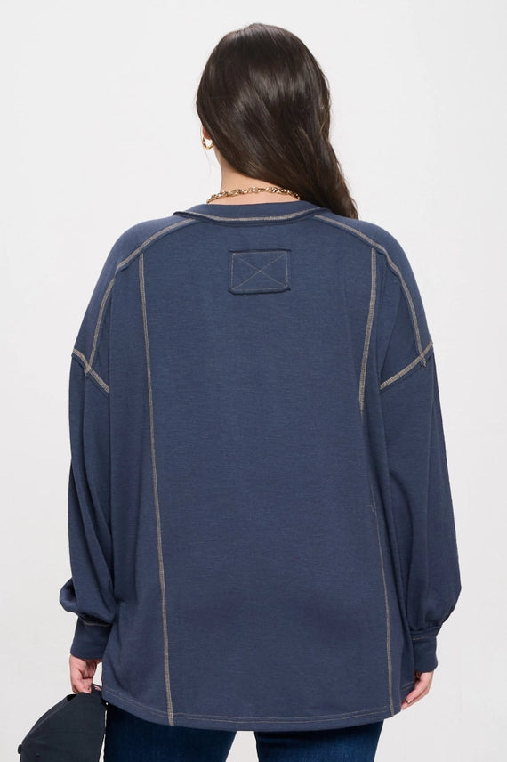 Contrast Stitch Long Sleeve Henley Top (Plus)
