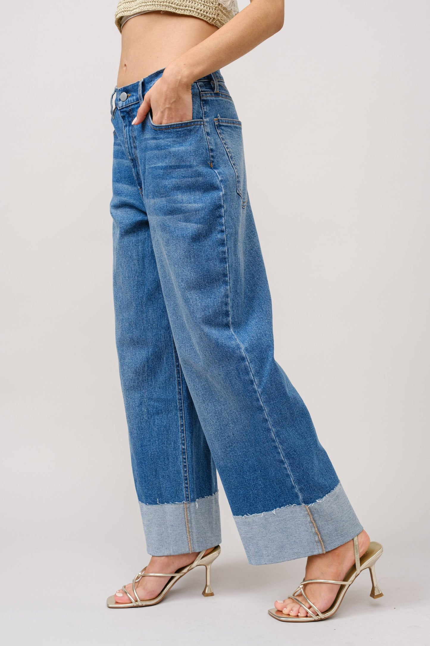 Wide Cuff Mid Rise Stretch Jeans