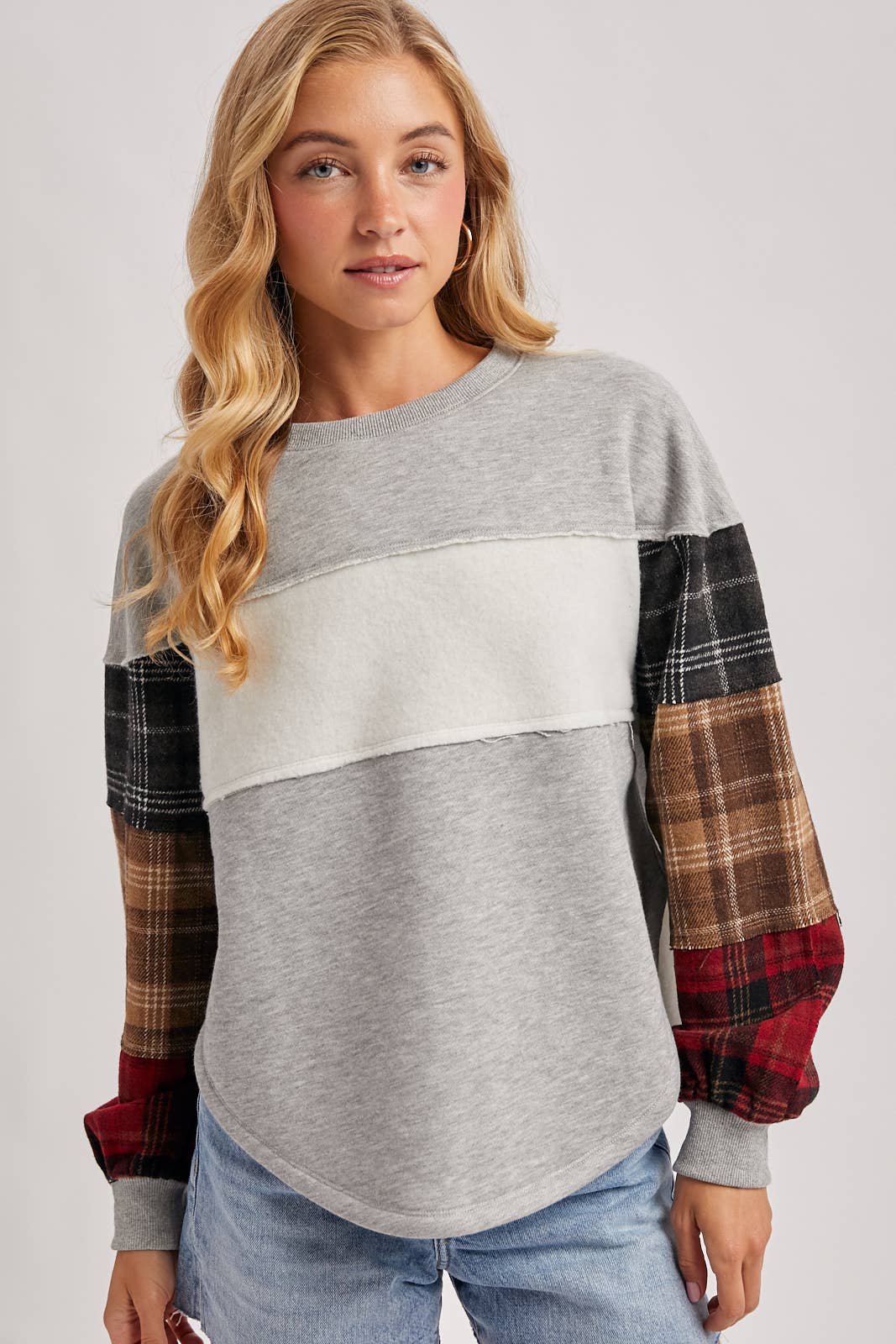 Color Block Plaid Patch Pullover