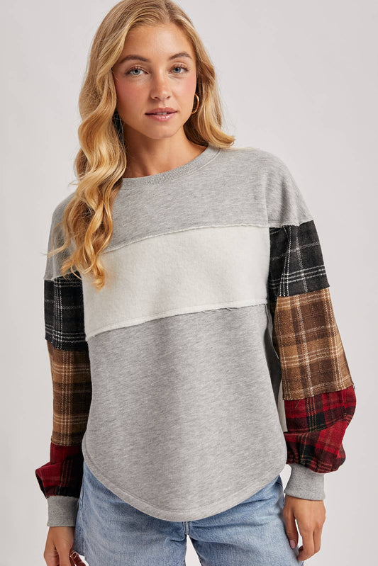 Color Block Plaid Patch Pullover