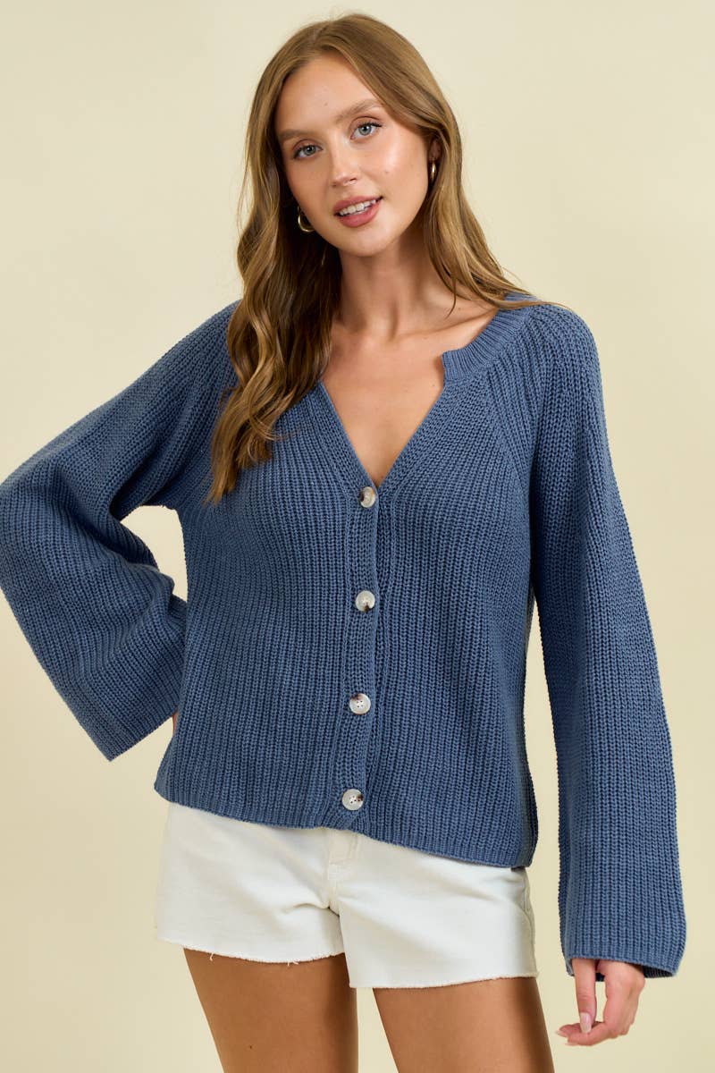 Blouson Sleeve Ribbed Cardigan Blue